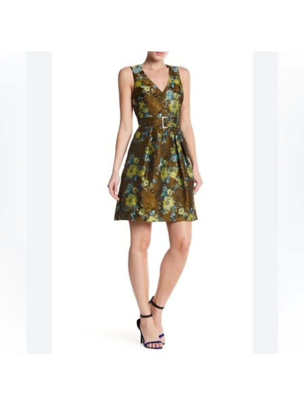 Karen Millen Green Printed Pleated Skirt V Neck Removable Belt mini dress 6
